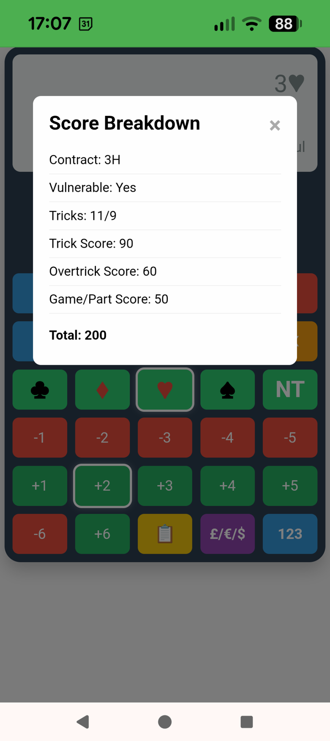 Bridge Calculator score breakdown popup showing trick score overtrick and game bonus