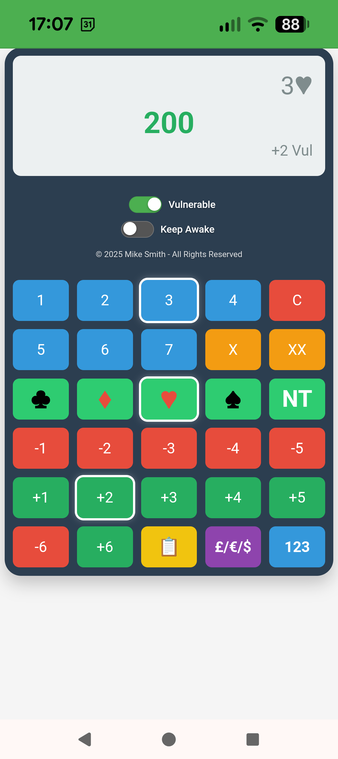 Bridge Calculator scoring screen showing 3 hearts vulnerable 200 points