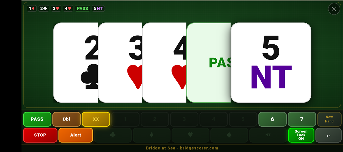 DigiBid app showing live bidding sequence on phone screen