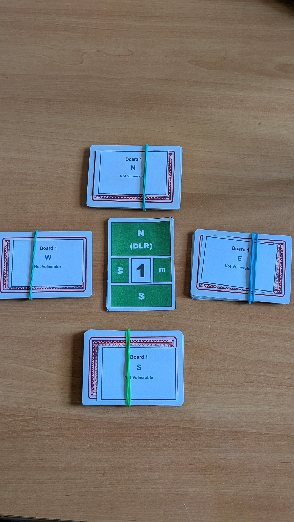 Four hands laid out on the table with position slips and rubber bands