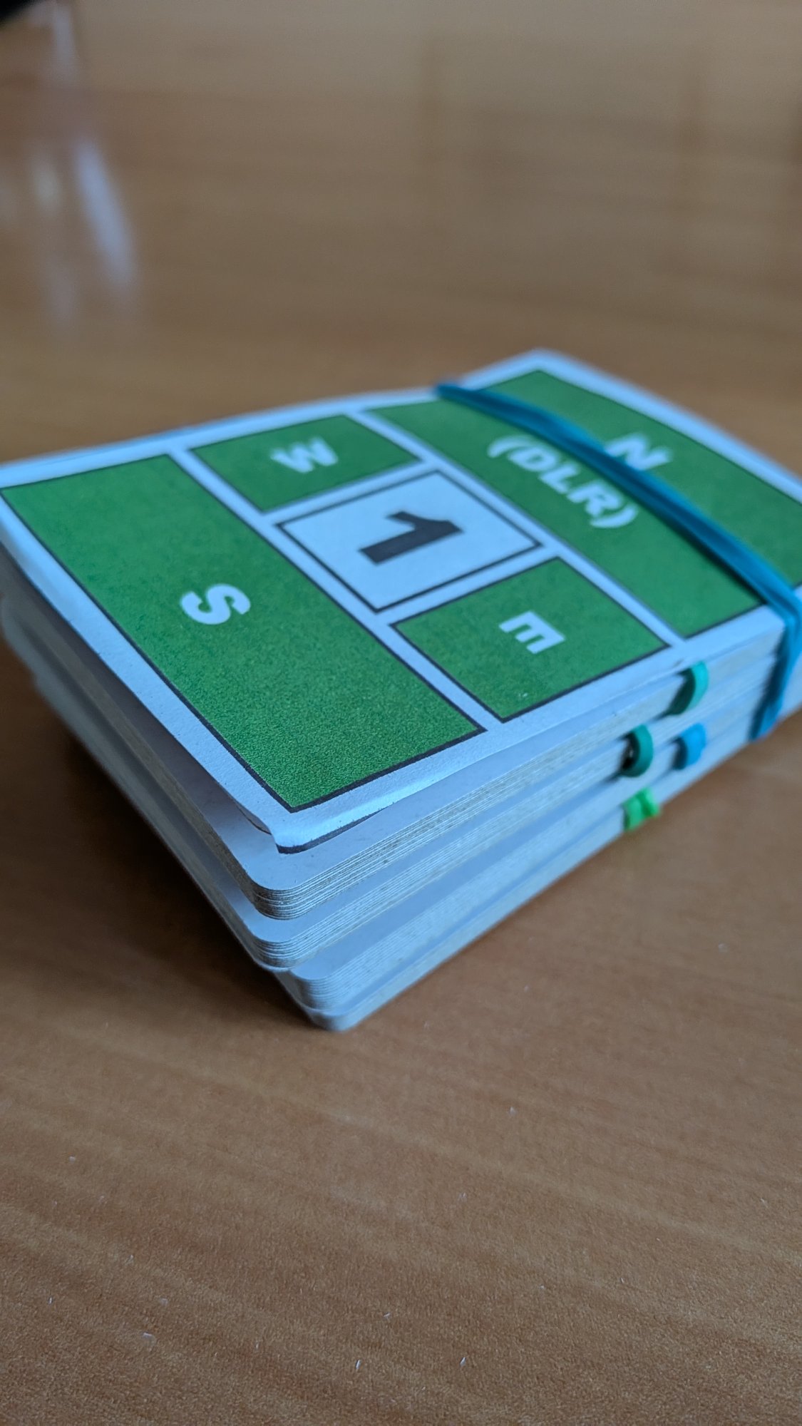 Stack of completed improvised bridge boards with board identifier cards on top