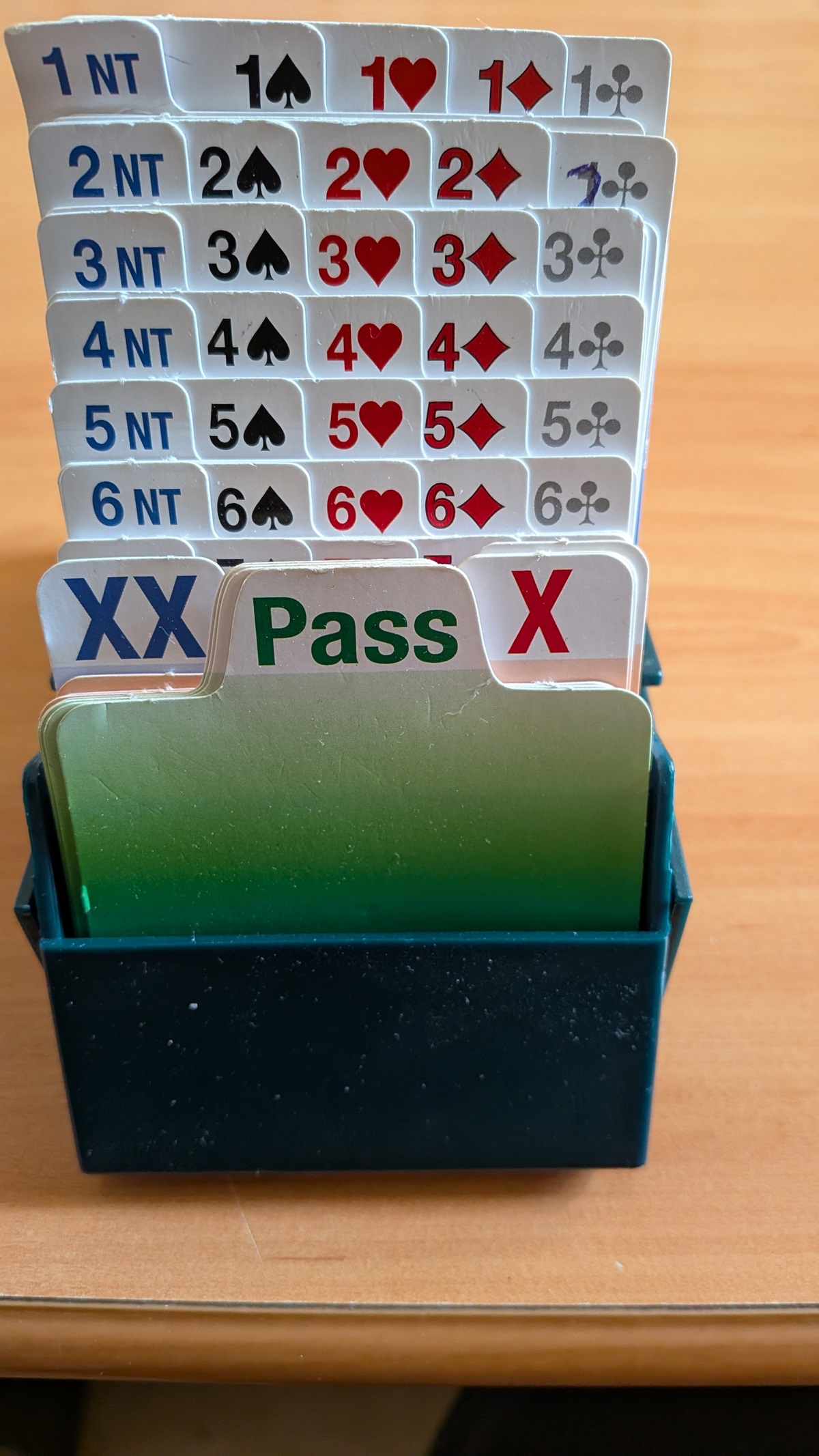 Traditional physical bidding box with card slips