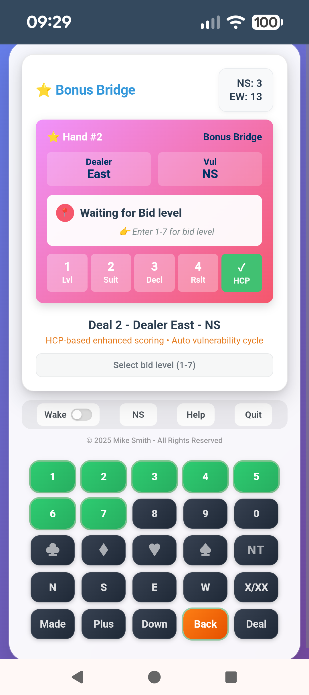 Entering a bid in Bonus Bridge mode
